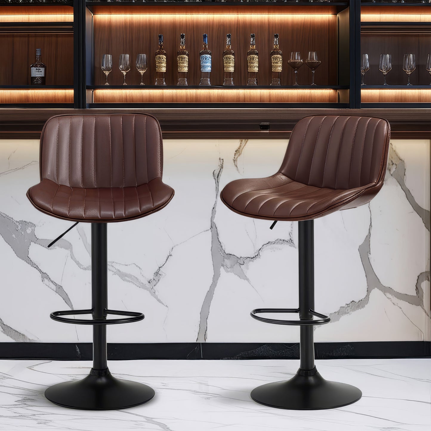 Urban Style Frank Bar Stools Gas Lift Black Metal Brown PU Pair