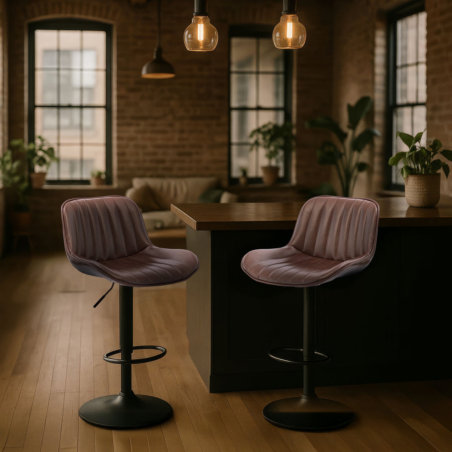 Urban Style Frank Bar Stools Gas Lift Black Metal Brown PU Pair