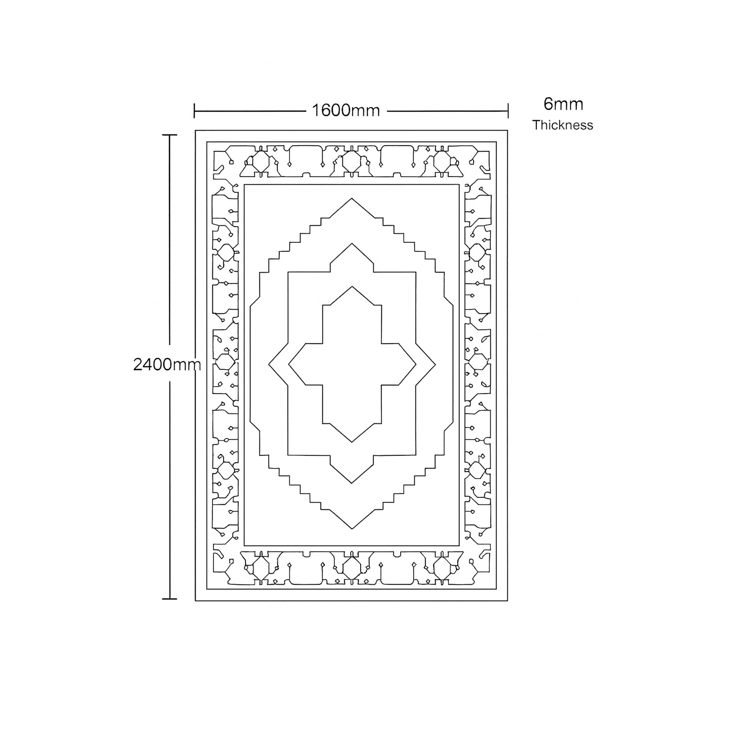 Measurement chart of a decorative panel with dimensions and thickness on a white background