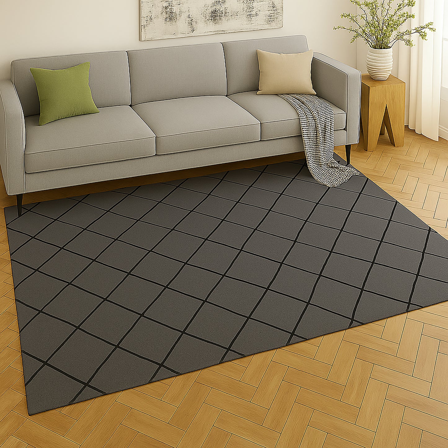 Urban Style Geometric Printed Microfibre Rug – Grey/Black | 160 x 240cm