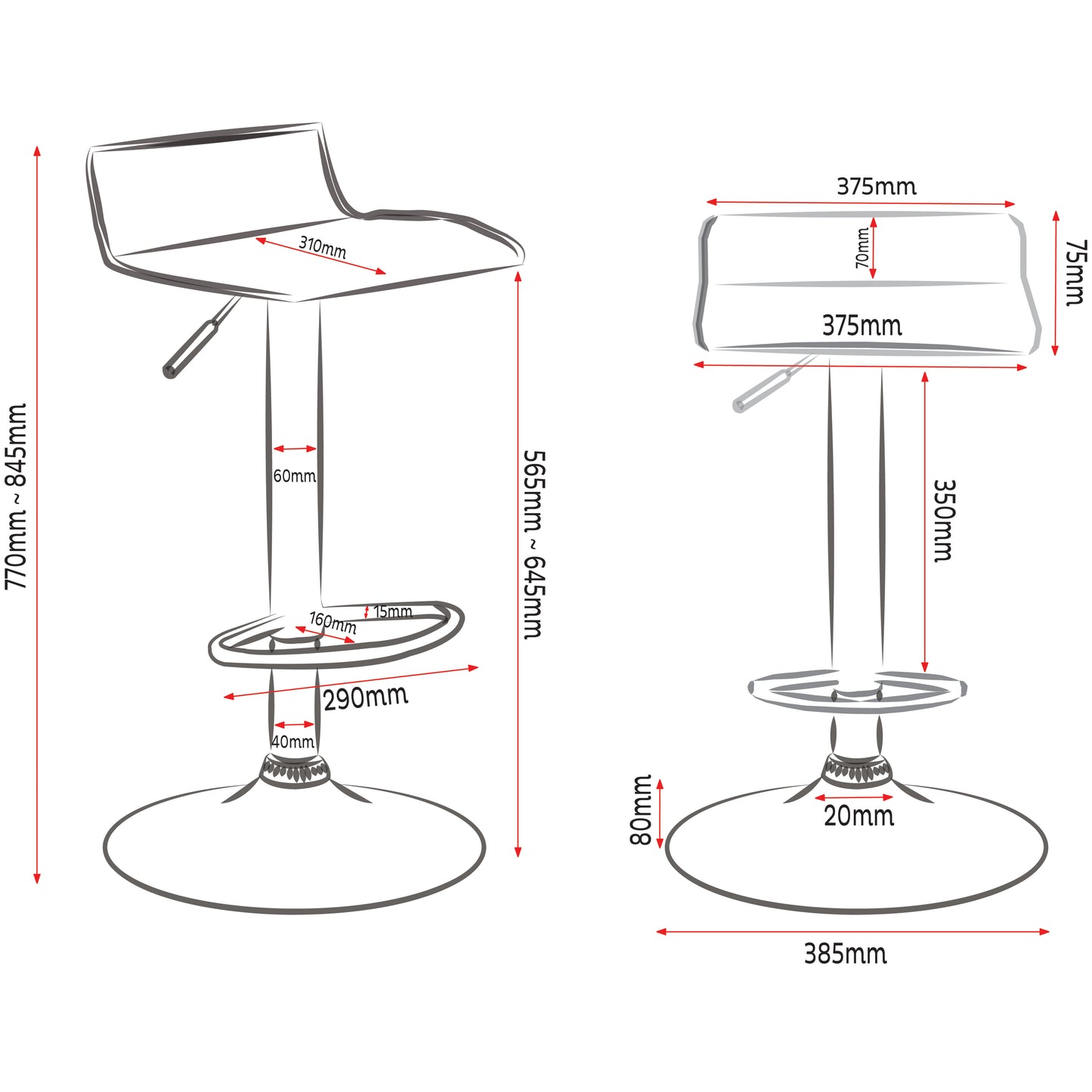 Urban Style Craig Bar Stools Gas Lift Chrome Black Pair