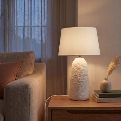 Urban Style Electra Textured Ceramic Table Lamp with Linen Shade – White 47cm