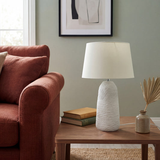 Urban Style Electra Textured Ceramic Table Lamp with Linen Shade – White 47cm