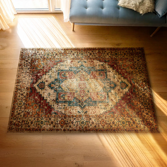 Decorative rug with intricate patterns on a wooden floor