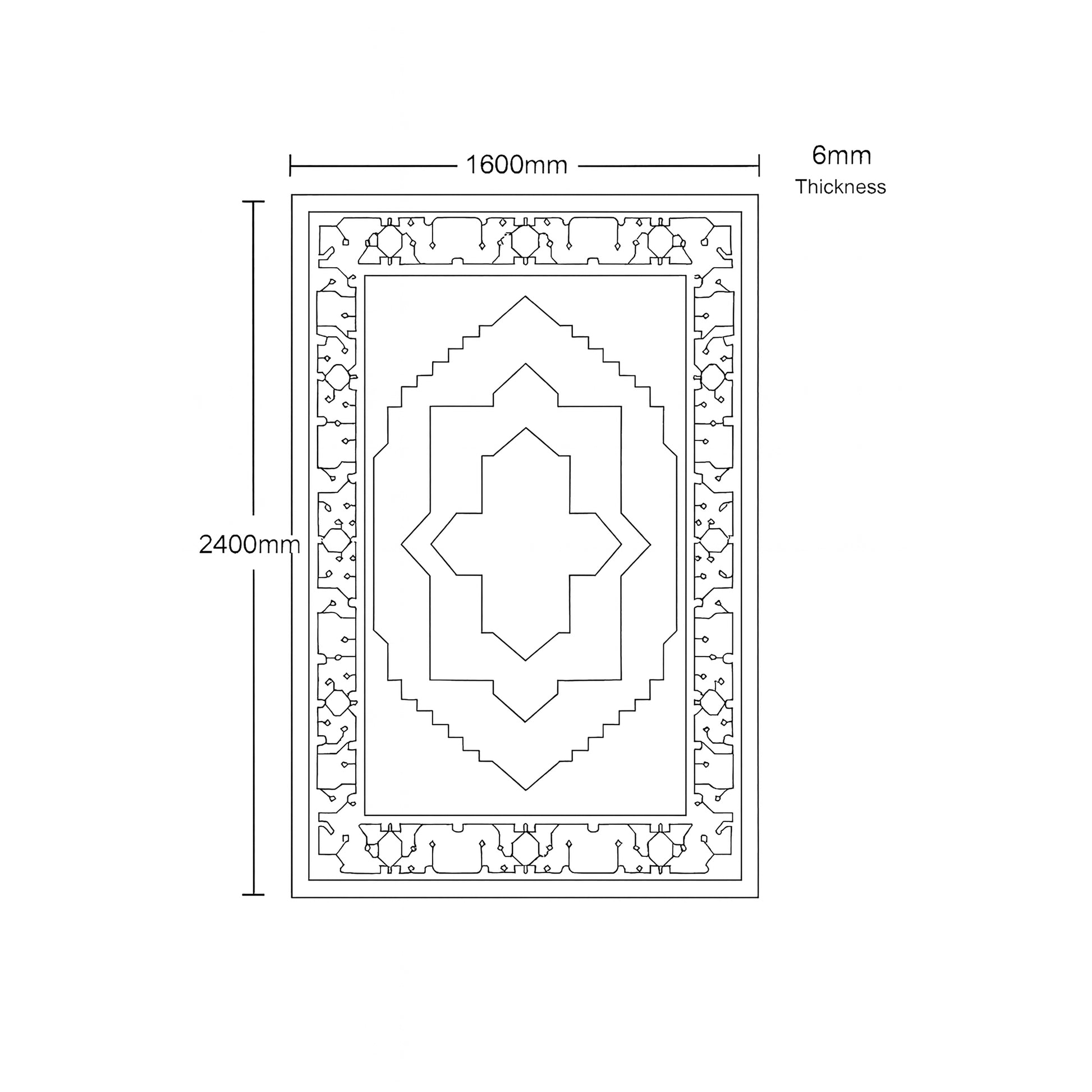 Measurement chart of a decorative panel with dimensions and thickness on a white background