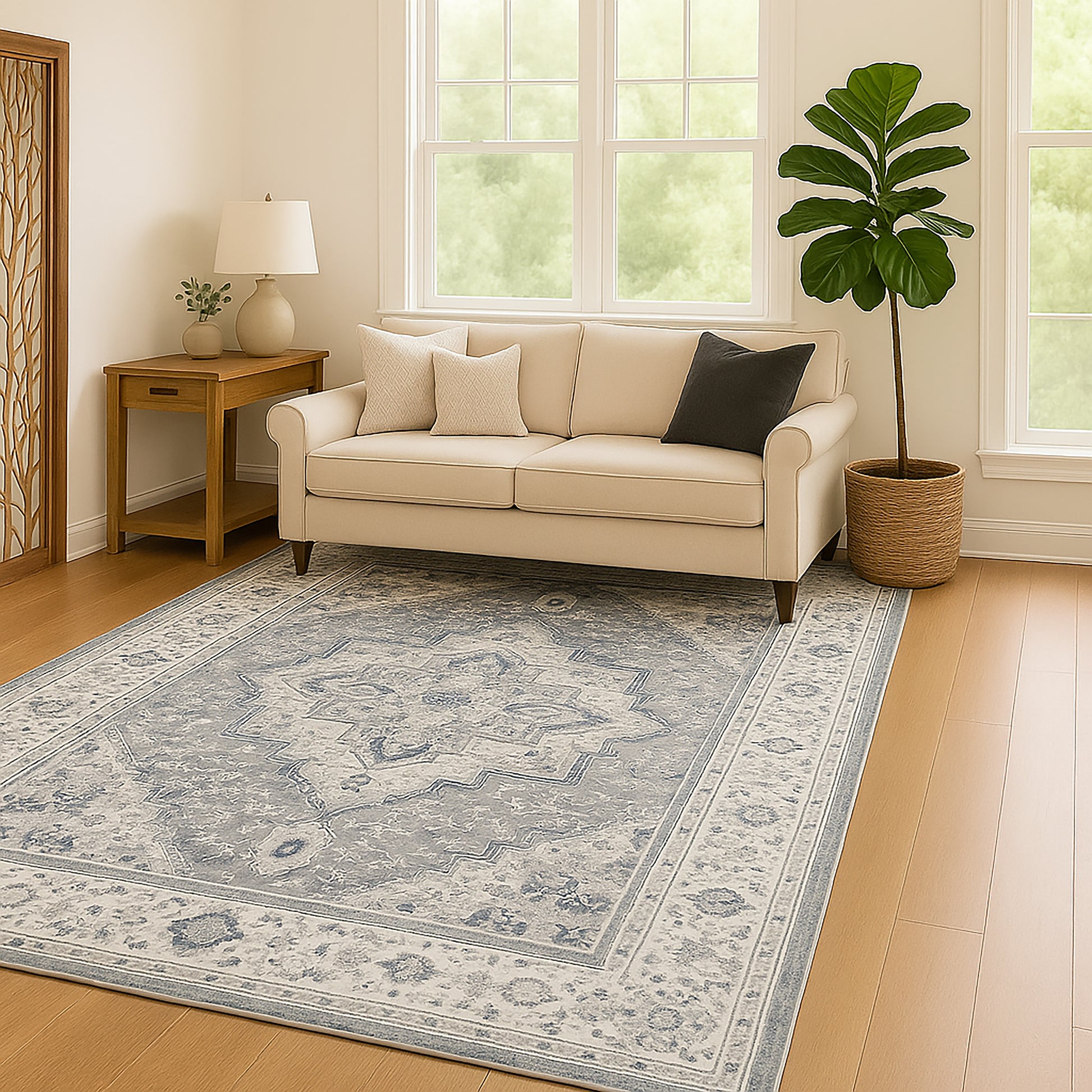Living room with a beige sofa, decorative rug, and potted plant.