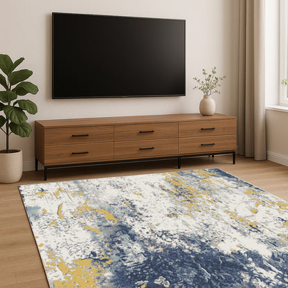Urban Style Abstract Printed Microfibre Rug – Blue & Yellow – 160 x 240cm