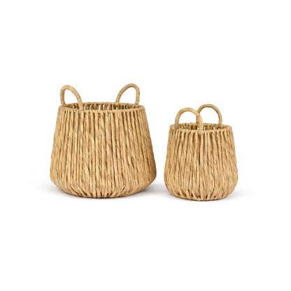 Two woven baskets with handles on a white background