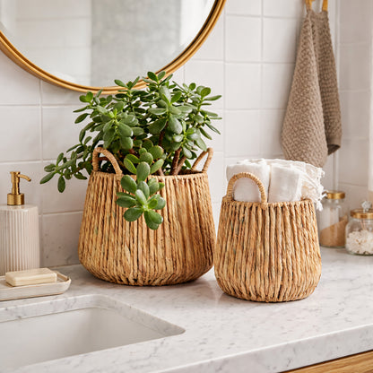 Peony Handwoven Basket Set (Set of 2) – Natural Water Hyacinth Storage