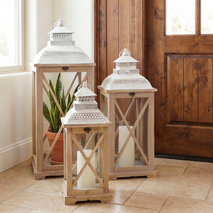 Urban Style Natural Wooden Lantern Set – 3 Piece Decorative Lanterns for Indoor & Alfresco Styling