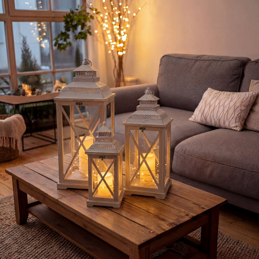 Urban Style Natural Wooden Lantern Set – 3 Piece Decorative Lanterns for Indoor & Alfresco Styling