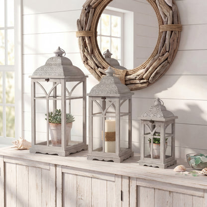 Urban Style Whitewash Wooden Lantern Set – 3 Piece Decorative Lanterns for Indoor & Alfresco Styling