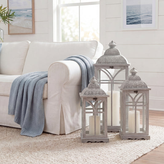Urban Style Whitewash Wooden Lantern Set – 3 Piece Decorative Lanterns for Indoor & Alfresco Styling