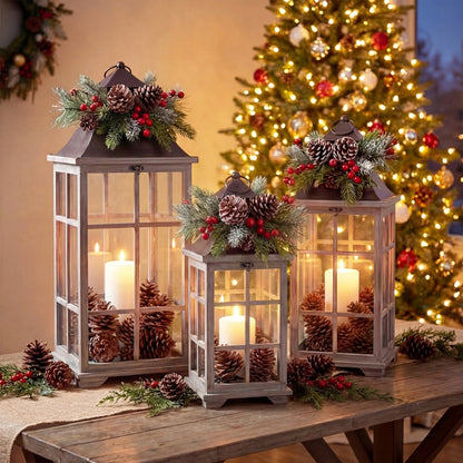 Urban Style Ash Wooden Lantern Set – 3 Piece Decorative Lanterns for Indoor & Alfresco Styling