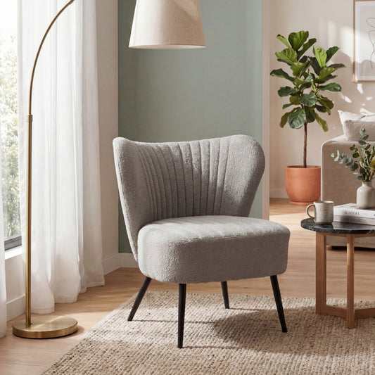 Urban Style Boudoir Décor Chair – Grey Boucle Fabric with Matt Black Steel Legs
