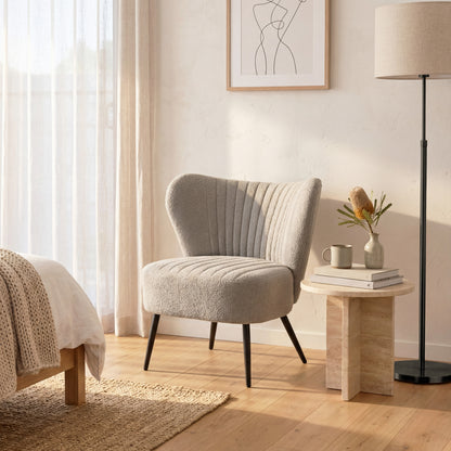 Urban Style Boudoir Décor Chair – Grey Boucle Fabric with Matt Black Steel Legs