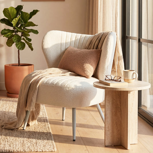 Urban Style Boudoir Décor Chair – White Boucle Fabric with White Steel Legs