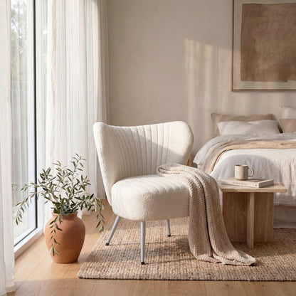 Urban Style Boudoir Décor Chair – White Boucle Fabric with White Steel Legs